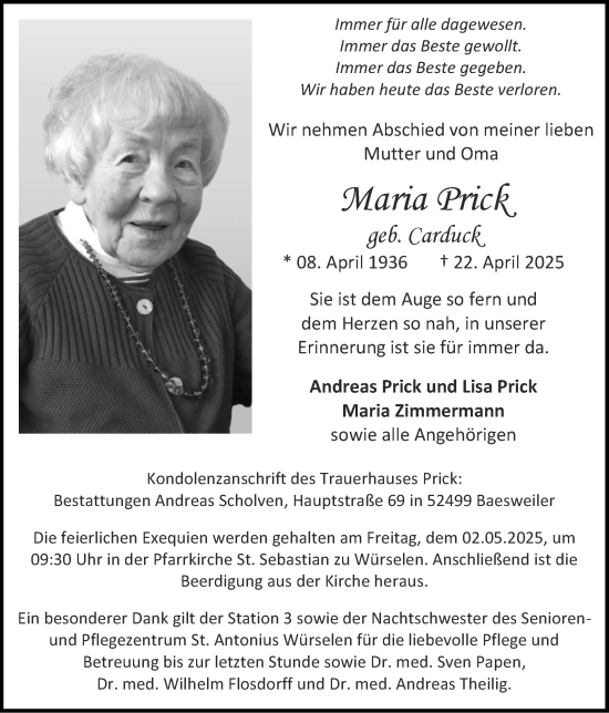 Traueranzeige von Maria Prick von Zeitung am Sonntag