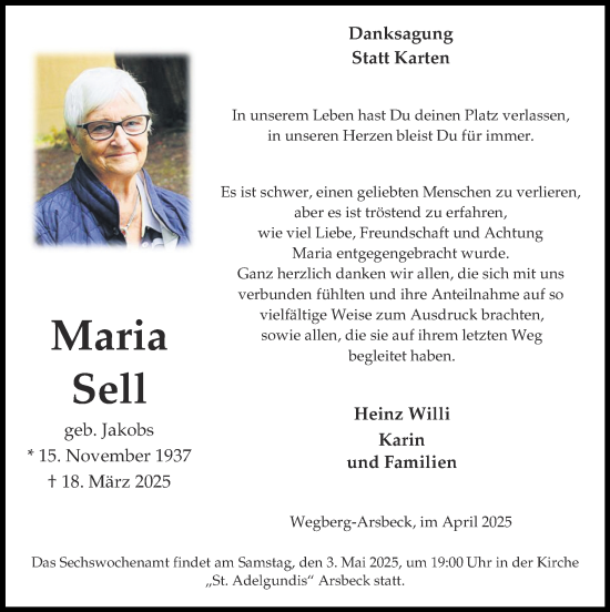 Traueranzeige von Maria Sell von Zeitung am Sonntag