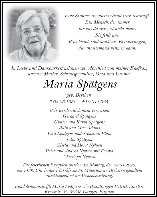 Traueranzeige von Maria Spätgens von Zeitung am Sonntag
