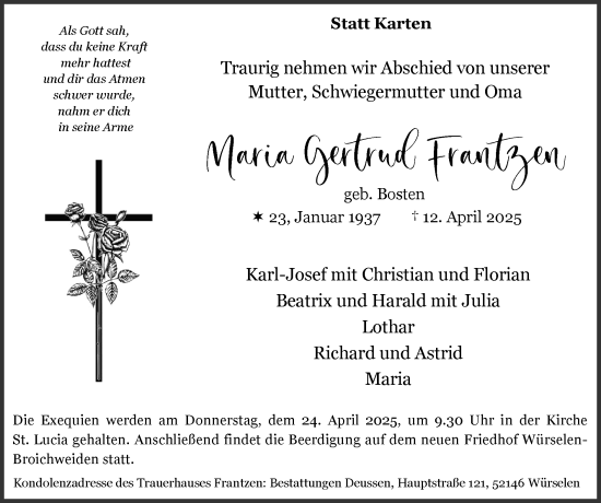 Traueranzeige von Maria Gertrud Frantzen von Zeitung am Sonntag