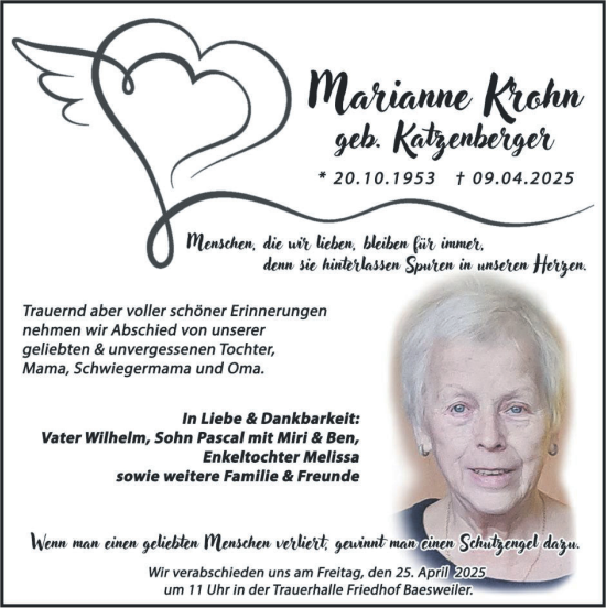Traueranzeige von Marianne Krohn von Zeitung am Sonntag