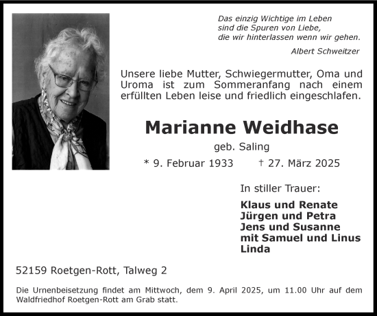 Traueranzeige von Marianne Weidhase von Zeitung am Sonntag