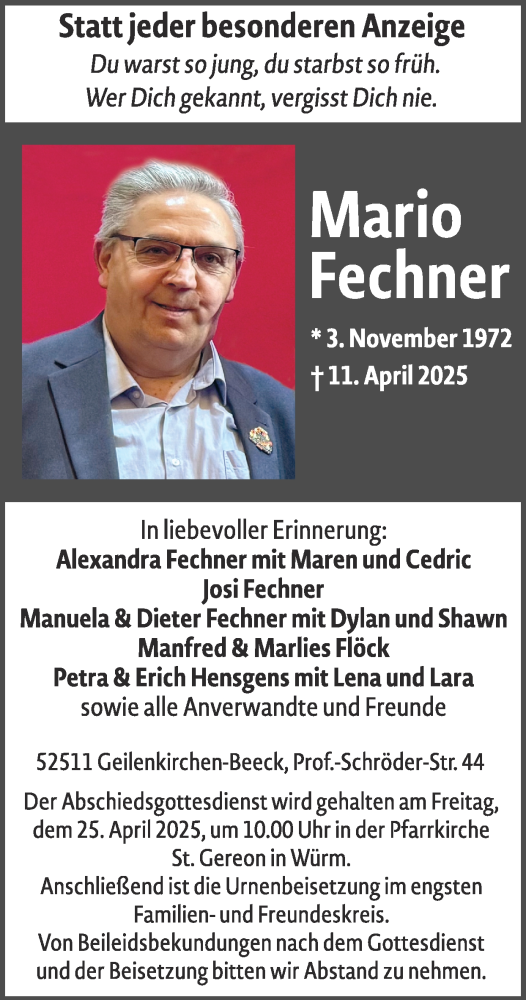 Traueranzeige von Mario Fechner von Zeitung am Sonntag