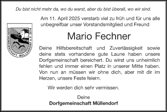 Traueranzeige von Mario Fechner von Zeitung am Sonntag