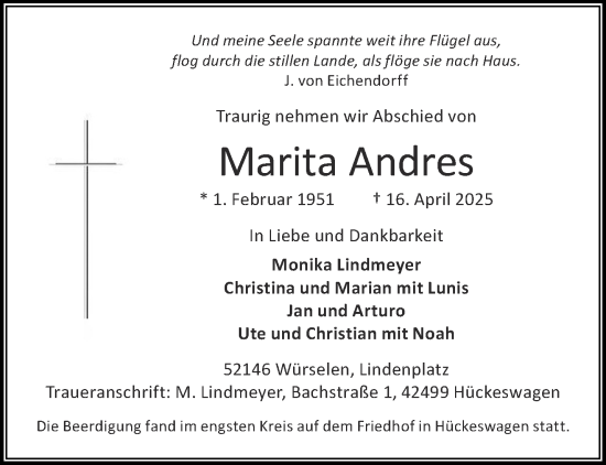 Traueranzeige von Marita Andres von Aachener Zeitung