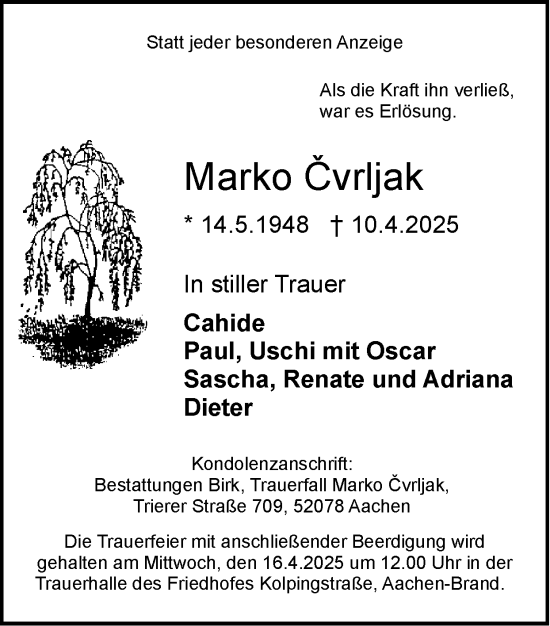 Traueranzeige von Marko Cvrljak von Zeitung am Sonntag