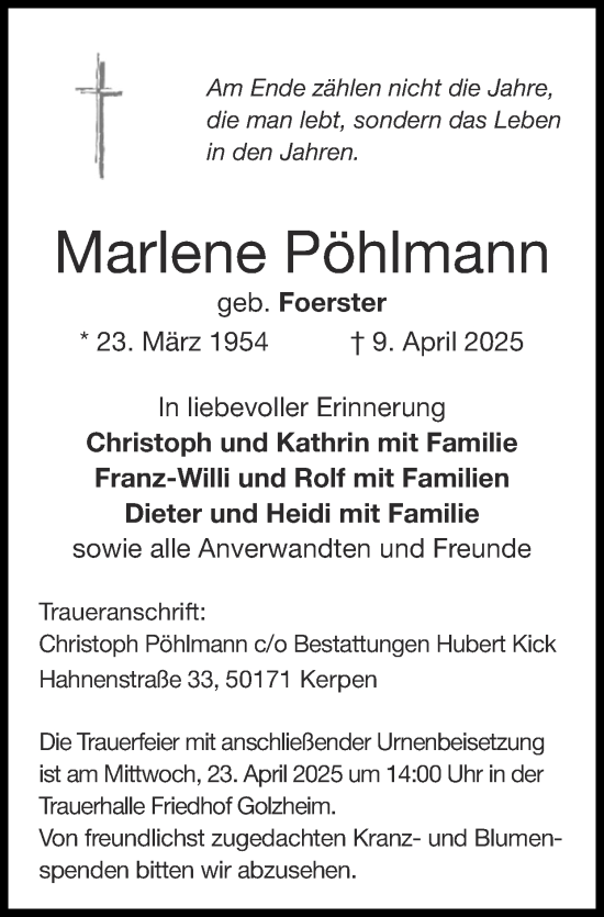 Traueranzeige von Marlene Pöhlmann von Zeitung am Sonntag