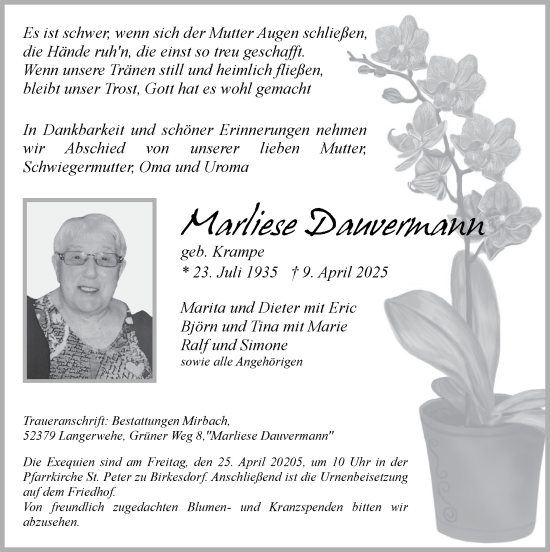 Traueranzeige von Marliese Dauvermann von Zeitung am Sonntag