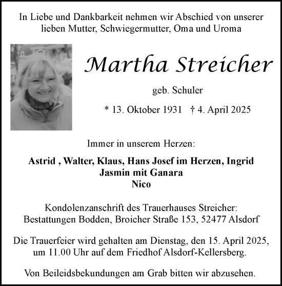 Traueranzeige von Martha Streicher von Zeitung am Sonntag