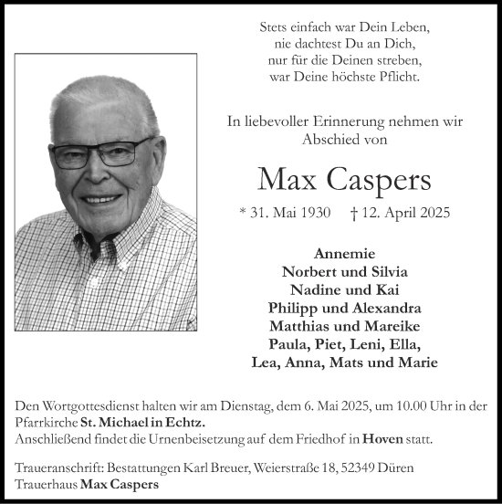 Traueranzeige von Max Caspers von Zeitung am Sonntag