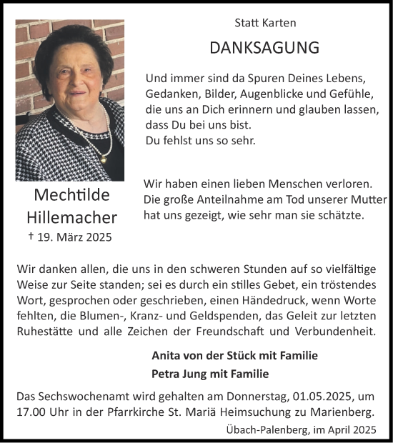Traueranzeige von Mechtilde Hillemacher von Zeitung am Sonntag