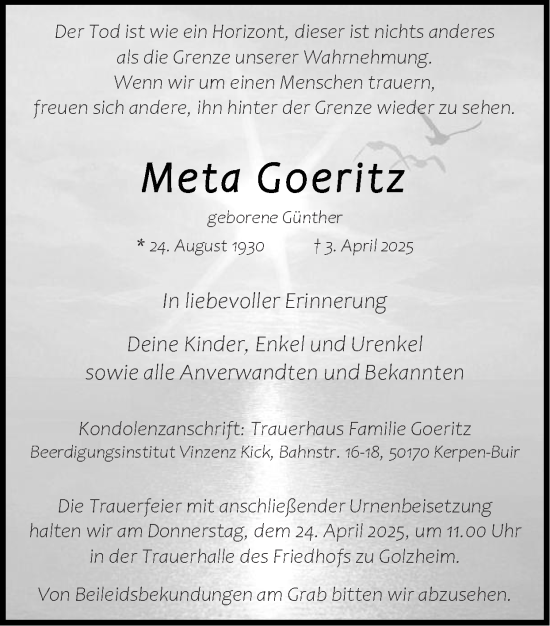 Traueranzeige von Meta Goeritz von Zeitung am Sonntag