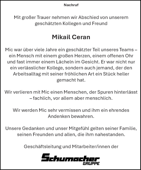 Traueranzeige von Mikail Ceran von Aachener Zeitung