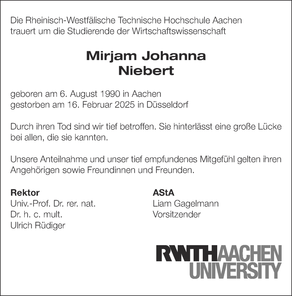  Traueranzeige für Mirjam Johanna Niebert vom 12.04.2025 aus Aachener Zeitung