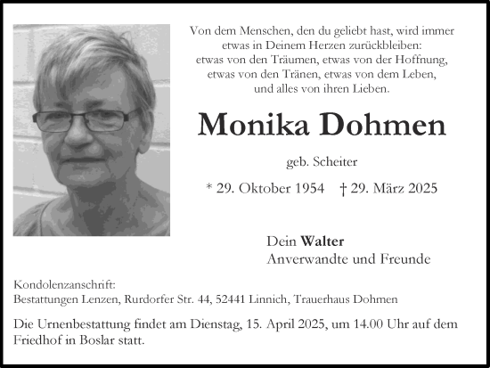 Traueranzeige von Monika Dohmen von Zeitung am Sonntag