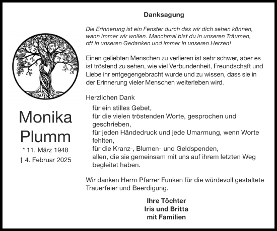 Traueranzeige von Monika Plumm von Zeitung am Sonntag