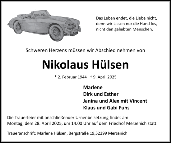 Traueranzeige von Nikolaus Hülsen von Zeitung am Sonntag
