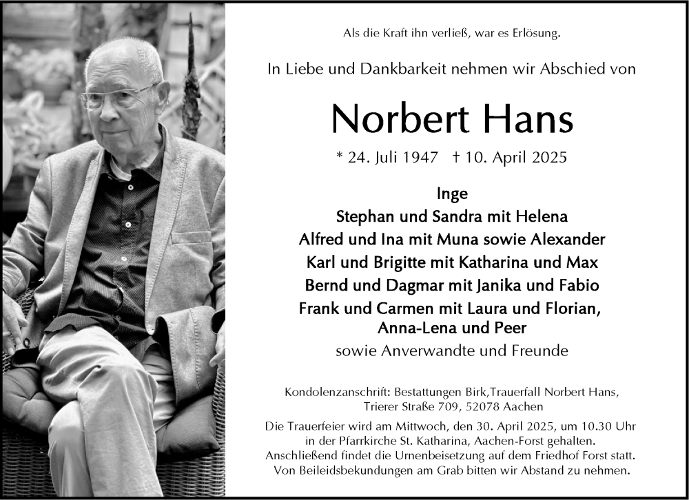  Traueranzeige für Norbert Hans vom 19.04.2025 aus Aachener Zeitung