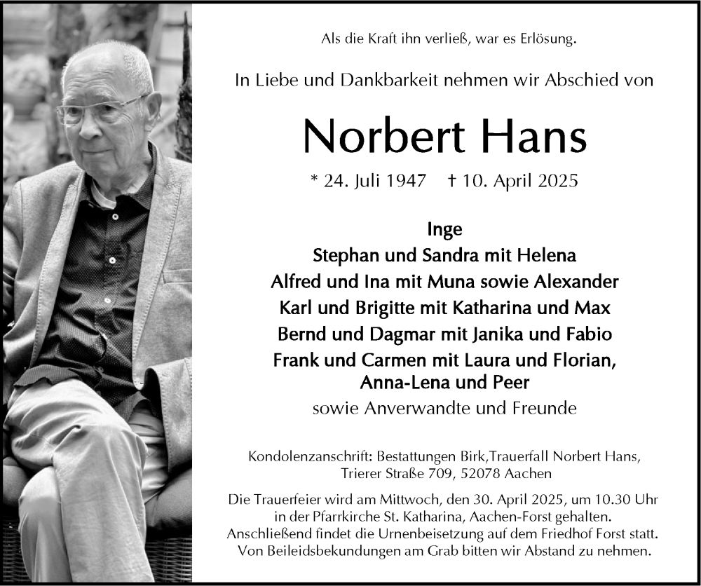  Traueranzeige für Norbert Hans vom 20.04.2025 aus Zeitung am Sonntag