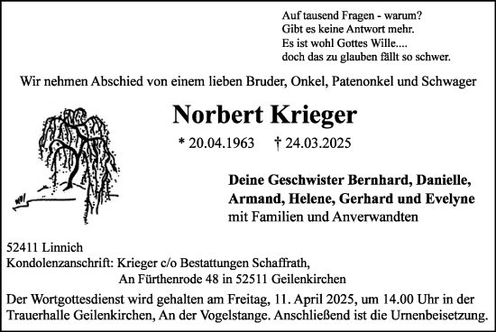 Traueranzeige von Norbert Krieger von Zeitung am Sonntag