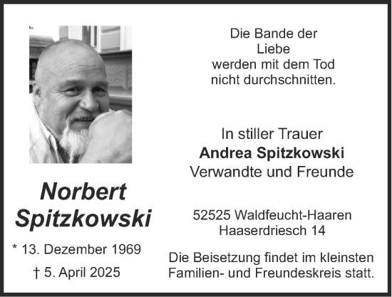 Traueranzeige von Norbert Spitzkowski von Zeitung am Sonntag