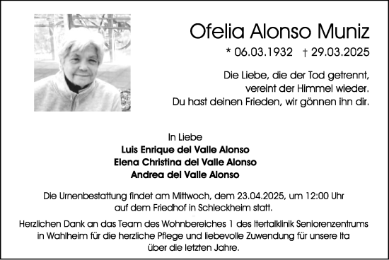 Traueranzeige von Ofelia Alonso Muniz von Zeitung am Sonntag