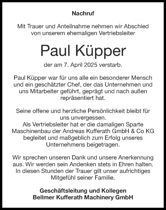 Traueranzeige von Paul Küpper von Zeitung am Sonntag