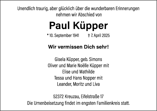 Traueranzeige von Paul Küpper von Zeitung am Sonntag