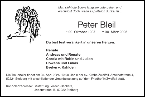 Traueranzeige von Peter Bleil von Zeitung am Sonntag