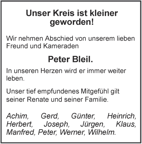 Traueranzeige von Peter Bleil von Zeitung am Sonntag