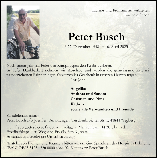 Traueranzeige von Peter Busch von Zeitung am Sonntag