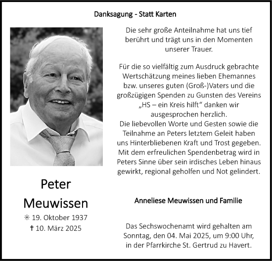 Traueranzeige von Peter Meuwissen von Zeitung am Sonntag