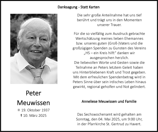 Traueranzeige von Peter Meuwissen von Aachener Zeitung