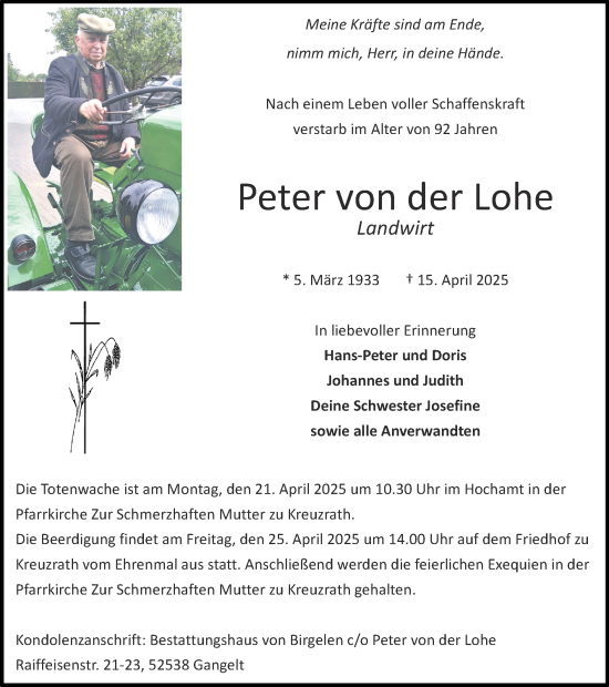 Traueranzeige von Peter von der Lohe von Zeitung am Sonntag