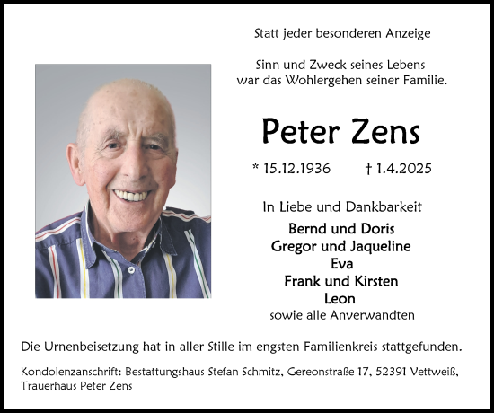 Traueranzeige von Peter Zens von Zeitung am Sonntag