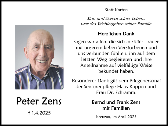 Traueranzeige von Peter Zens von Zeitung am Sonntag