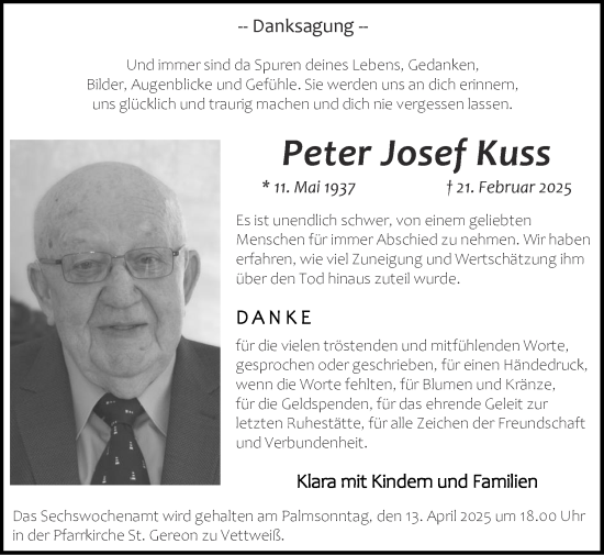 Traueranzeige von Peter Josef Kuss von Zeitung am Sonntag