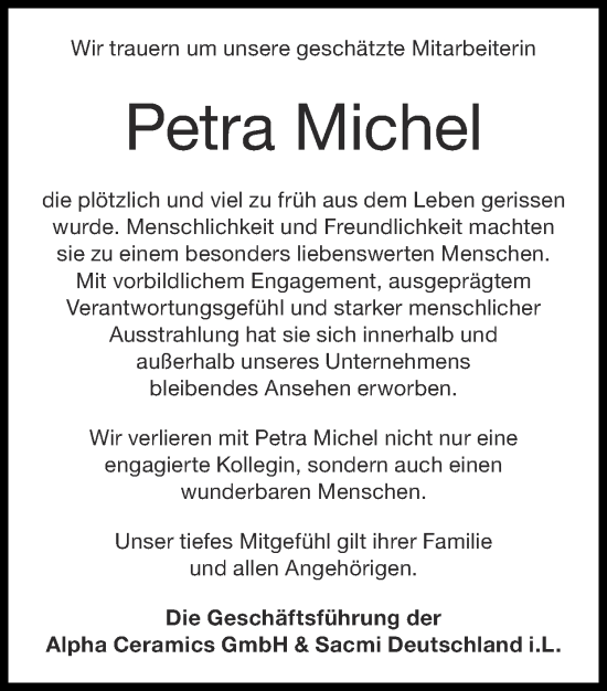 Traueranzeige von Petra Michel von Zeitung am Sonntag