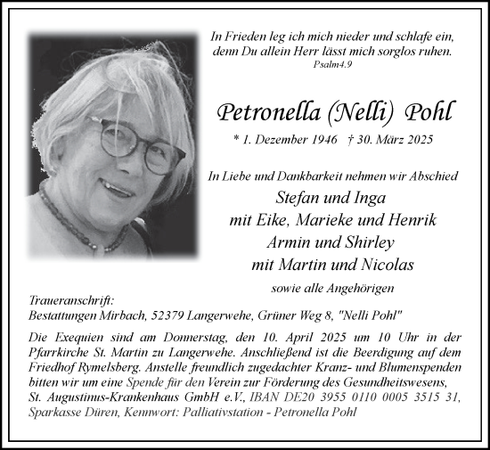 Traueranzeige von Petronella Pohl von Zeitung am Sonntag