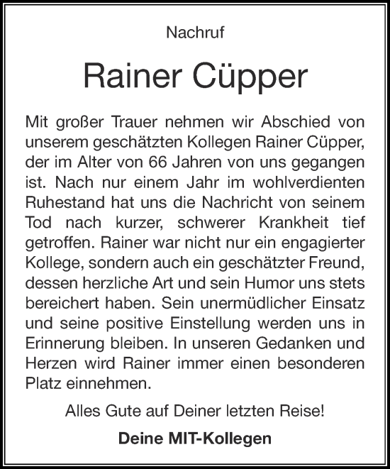 Traueranzeige von Rainer Cüpper von Zeitung am Sonntag