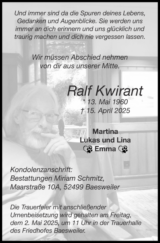 Traueranzeige von Ralf Kwirant von Zeitung am Sonntag