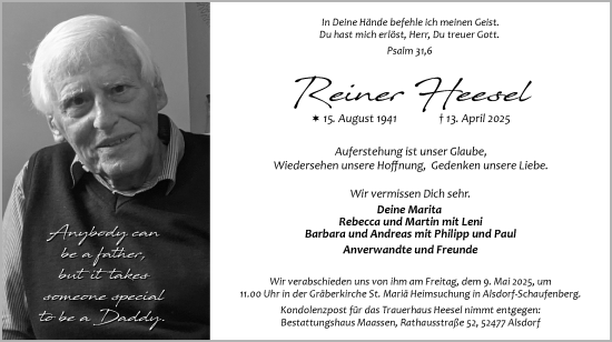 Traueranzeige von Reiner Heesel von Zeitung am Sonntag