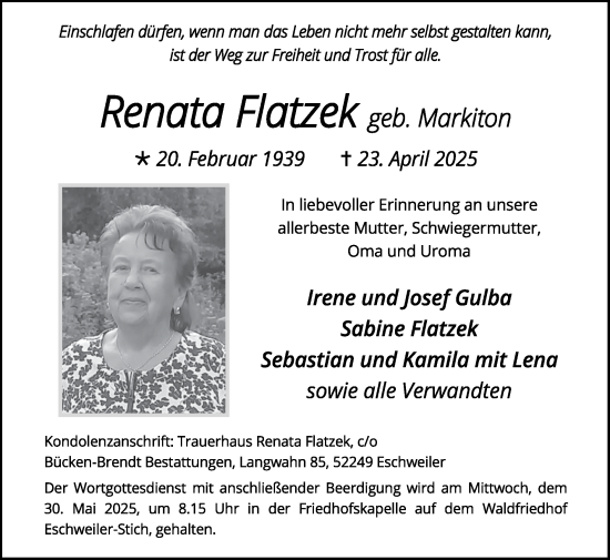 Traueranzeige von Renata Flatzek von Zeitung am Sonntag