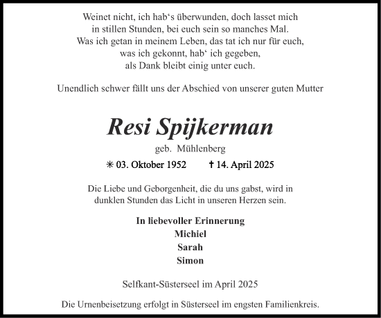 Traueranzeige von Resi Spijkerman von Zeitung am Sonntag