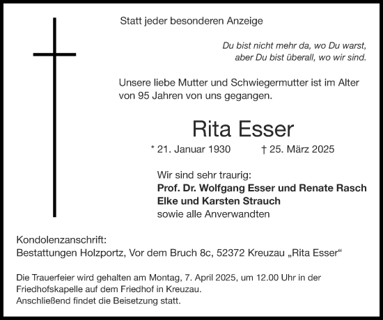 Traueranzeige von Rita Esser von Zeitung am Sonntag