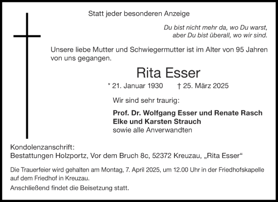 Traueranzeige von Rita Esser von Aachener Zeitung