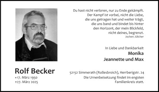 Traueranzeige von Rolf Becker von Aachener Zeitung