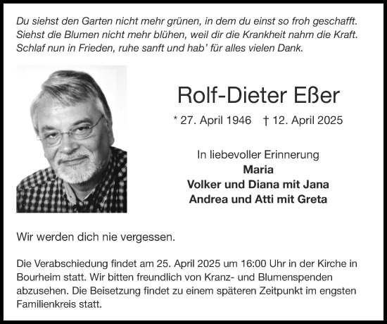Traueranzeige von Rolf-Dieter Eßer von Zeitung am Sonntag