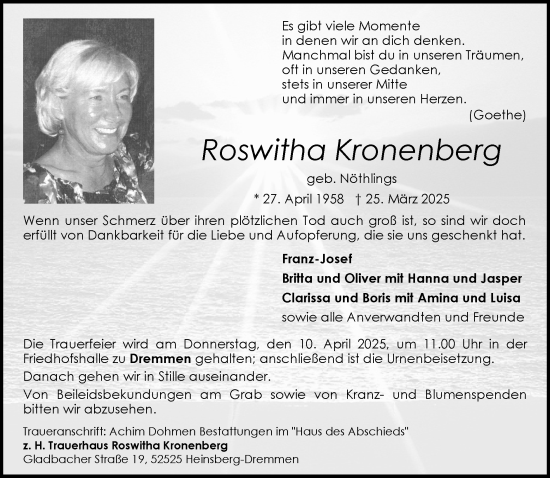 Traueranzeige von Roswitha Kronenberg von Zeitung am Sonntag