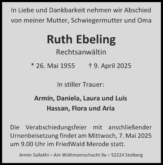 Traueranzeige von Ruth Ebeling von Zeitung am Sonntag